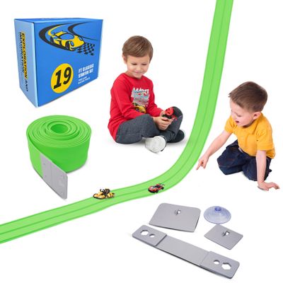 18Ft Flexible Race Track for Kids, with Three Types of Hooks,Monster Blue Truck Ramp with Suction Cups - Rolls Up Portable DIY Racetrack Compatible with Diecast 1/64th Cars Model