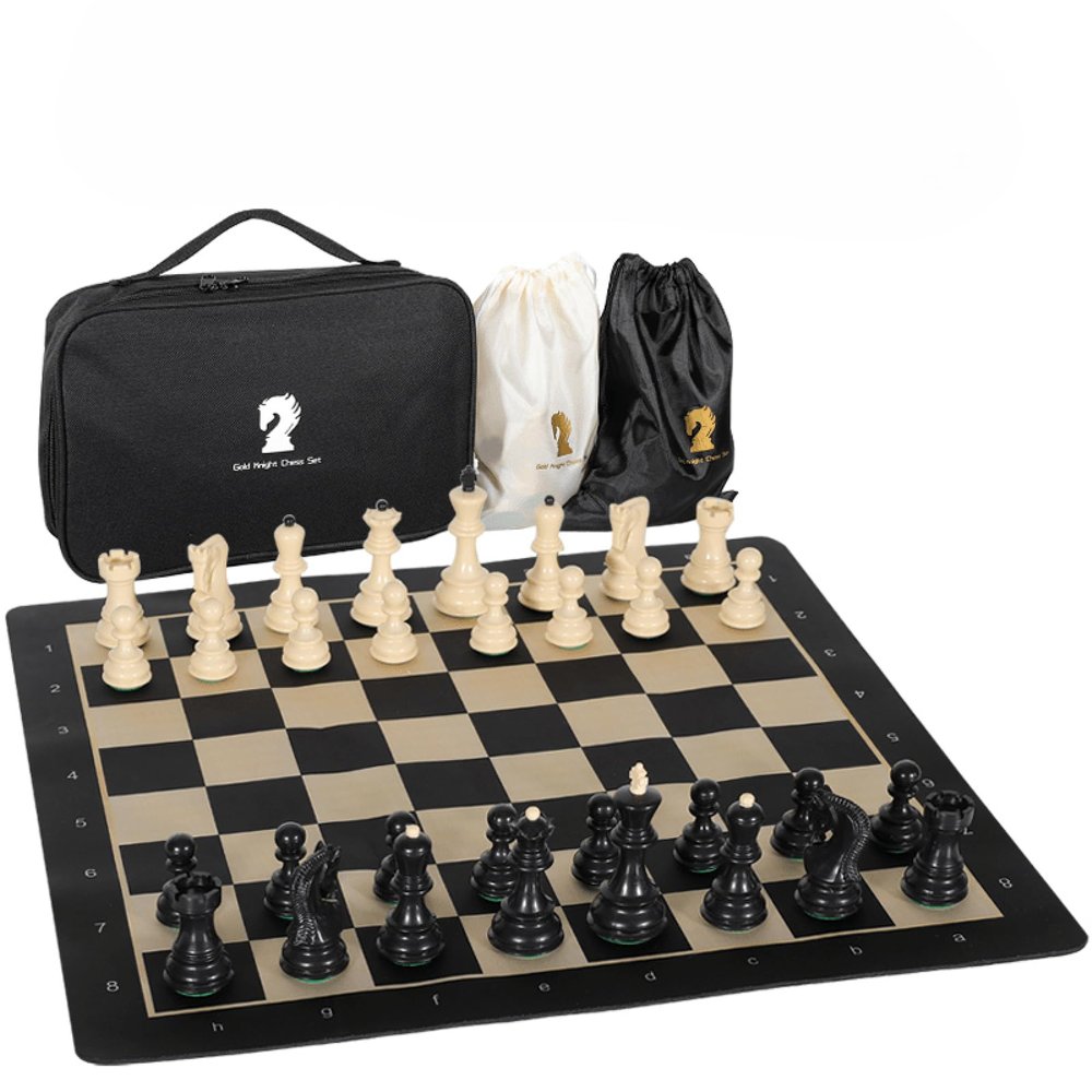 20-Inch Portable Folding Chess Set with Weighted Plastic Pieces, Double Queens & Carrying Bag  Ideal for Adults, Beginners, Camping, and Game Nights
