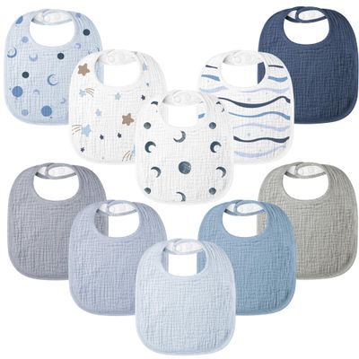 100% Cotton Muslin Baby Bibs 10-Pack Baby Drool Bibs for Unisex Baby Toddlers Infant Newborns Drooling and Teething(Blue Print)