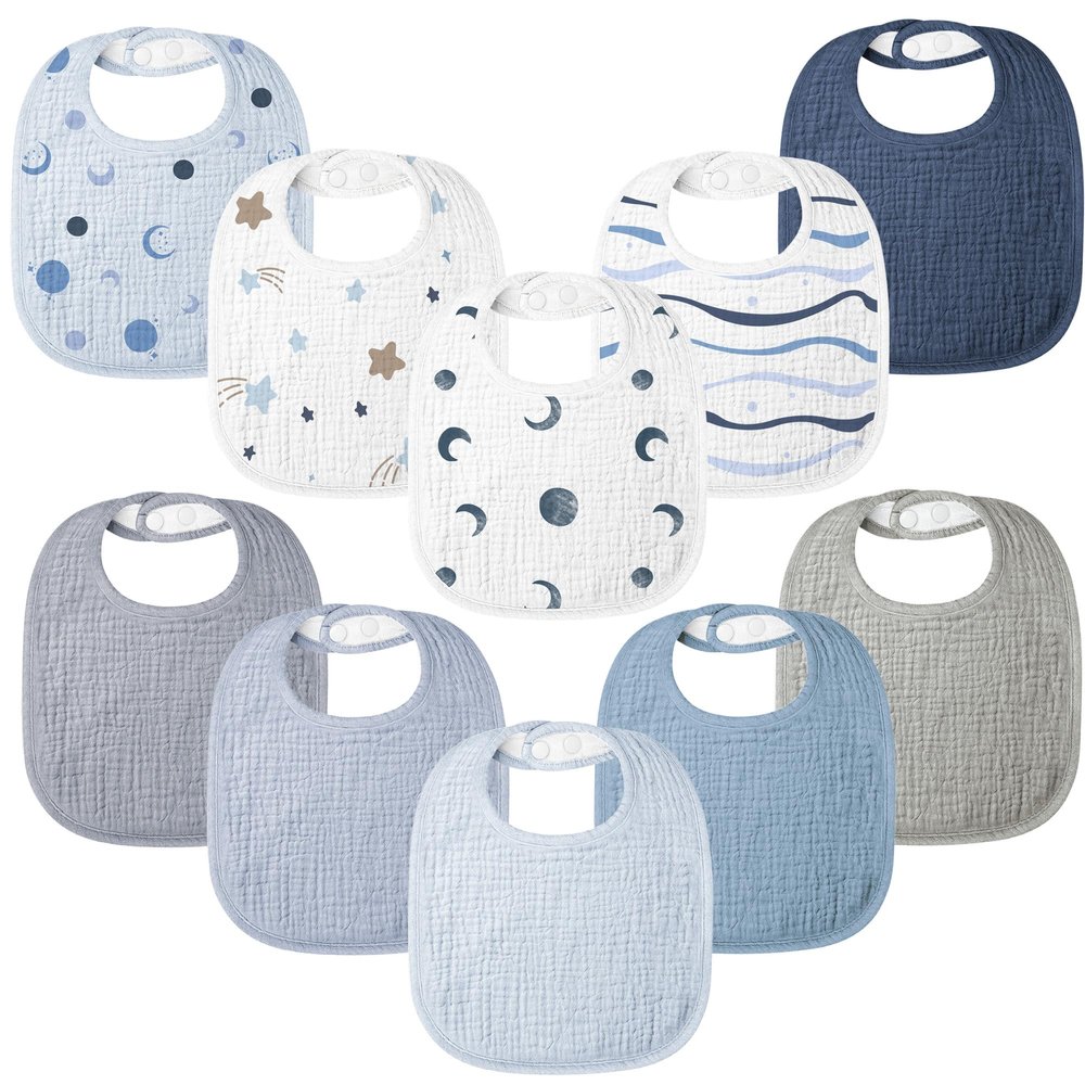 100% Cotton Muslin Baby Bibs 10-Pack Baby Drool Bibs for Unisex Baby Toddlers Infant Newborns Drooling and Teething(Blue Print)