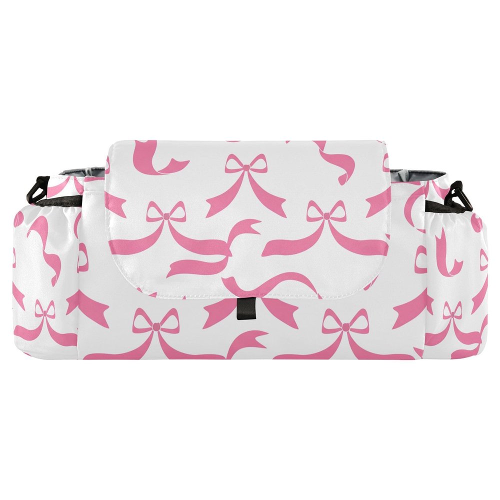 CZXW Baby Stroller Bag Pink Bows Ribbons Stroller Caddy Organizer Bag with Adjustable Straps Non-slip Hook Large Storage for Strollers