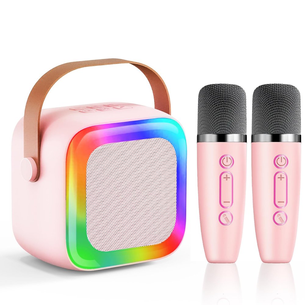 SECULEAD Mini Karaoke Machine for Kids Teen Adults, Kids Karaoke Machine with 2 Wireless Microphones and LED Lights Toys for Party, Home, Gifts for 4 5 6 7 8 9 10 11 12+ Years Girls Boys(Pink)