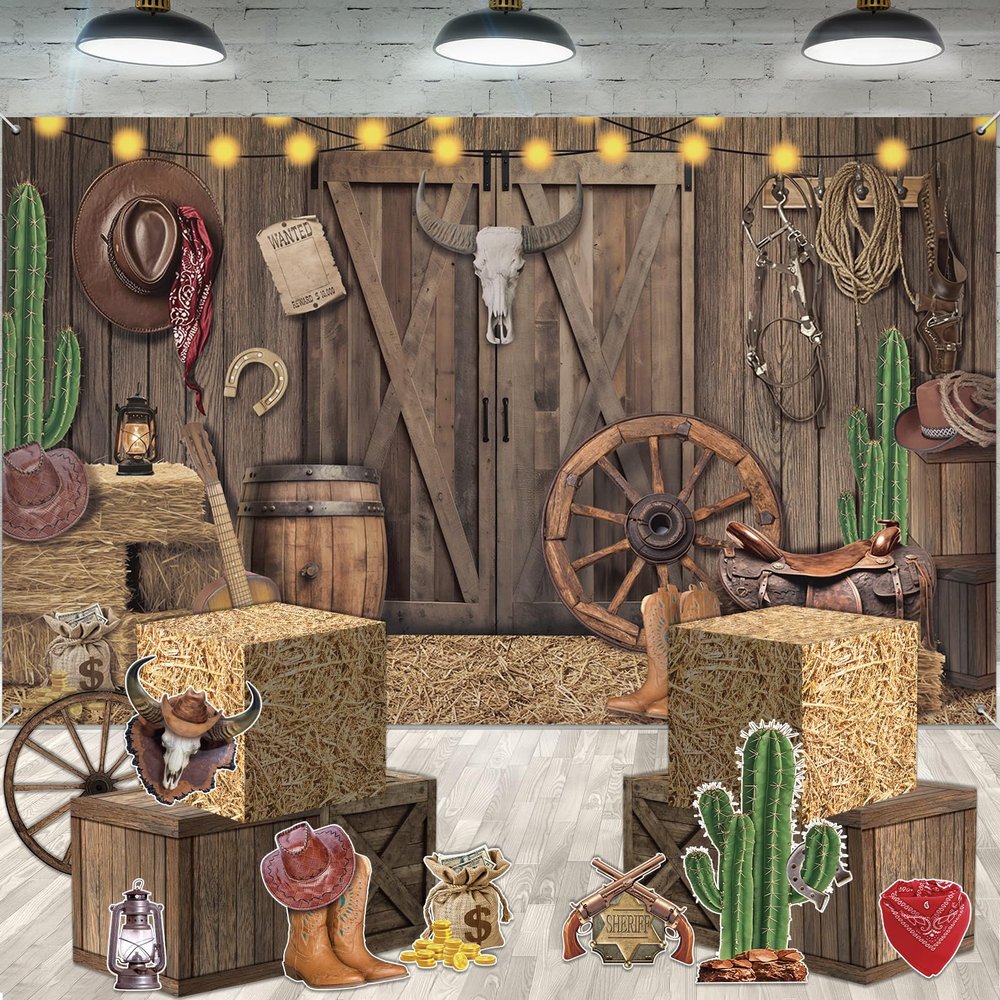 15 Pcs Western Cowboy Party Decorations Rustic Wooden House Barn Backdrop Wild West Hay Bales Boxes Trunk or Treat Car Decor for Halloween Farm Fall Harvest Thanksgiving Rodeo Birthday Party Supplies