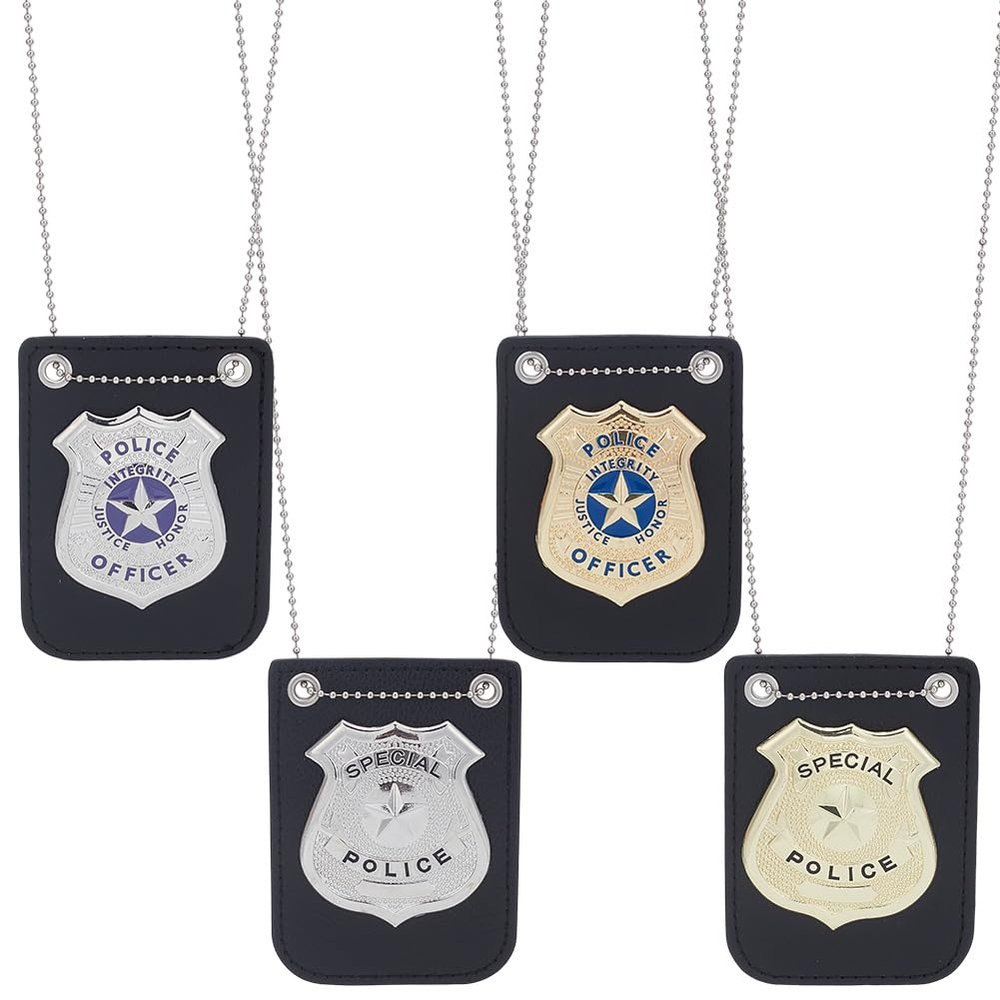 ORIGACH 4 Pcs Police Pretend Role Play Accessories Set - 2 Styles, Gold & Silver Cop Badges for Dress Up Halloween Costumes Accessories Gifts Treats Party Favors Supplies