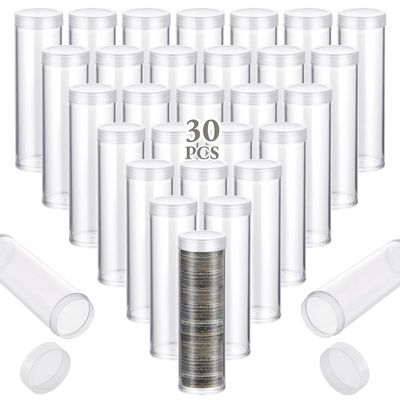 Vestamore 30-Pack Clear Plastic Coin Tubes, Screw Lid Coin Holders For Quarter And Penny Storage, Coin Containers Set