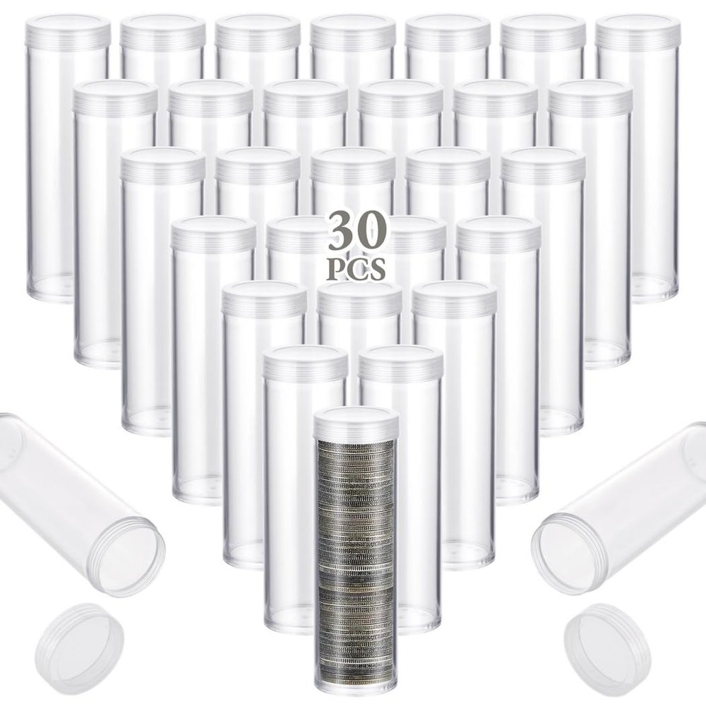 Vestamore 30-Pack Clear Plastic Coin Tubes, Screw Lid Coin Holders For Quarter And Penny Storage, Coin Containers Set