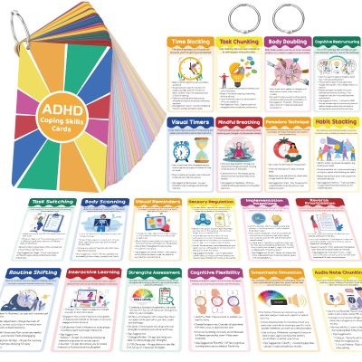 AmazingSpark 24 Pcs ADHD Coping Skills Cards ADHD Activity Flashcards with Binder Rings Emotional Regulation Time Management Therapy Tools for Adults Teens