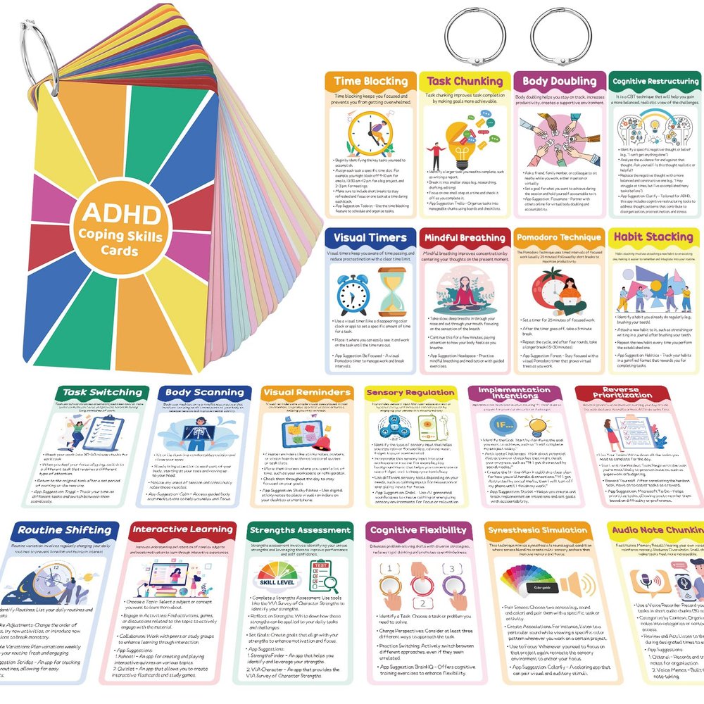 AmazingSpark 24 Pcs ADHD Coping Skills Cards ADHD Activity Flashcards with Binder Rings Emotional Regulation Time Management Therapy Tools for Adults Teens
