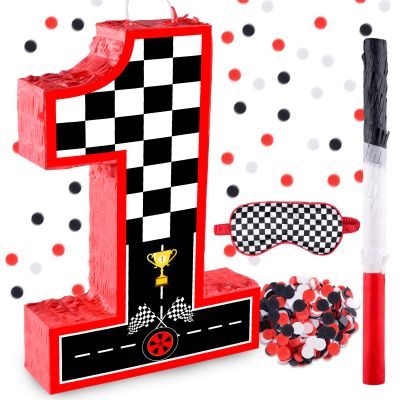 16 Inch Number 1 Race Car Pinata with 16 Inch Piata Stick Blindfold Confetti for Boy Girl Kids 1st Birthday Party Decorations(1st)