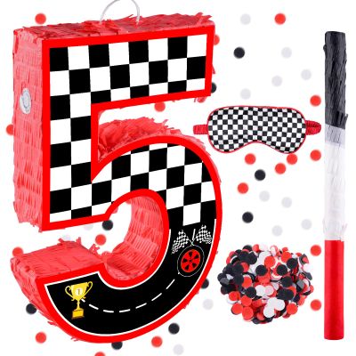 16 Inch Number 5 Race Car Pinata with 16 Inch Piata Stick Blindfold Confetti for Boy Girl Kids 5th Birthday Party Decorations(5th)