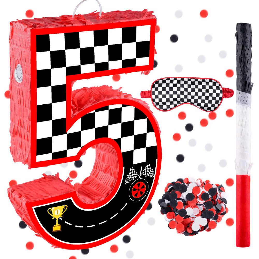 16 Inch Number 5 Race Car Pinata with 16 Inch Piata Stick Blindfold Confetti for Boy Girl Kids 5th Birthday Party Decorations(5th)