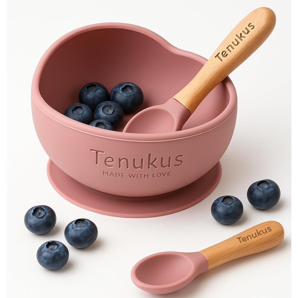 Baby Feeding Bowl with Spoon  Silicone Suction Set for Toddlers  Dusty Pink by Tenukus | BPA-Free & Easy Clean