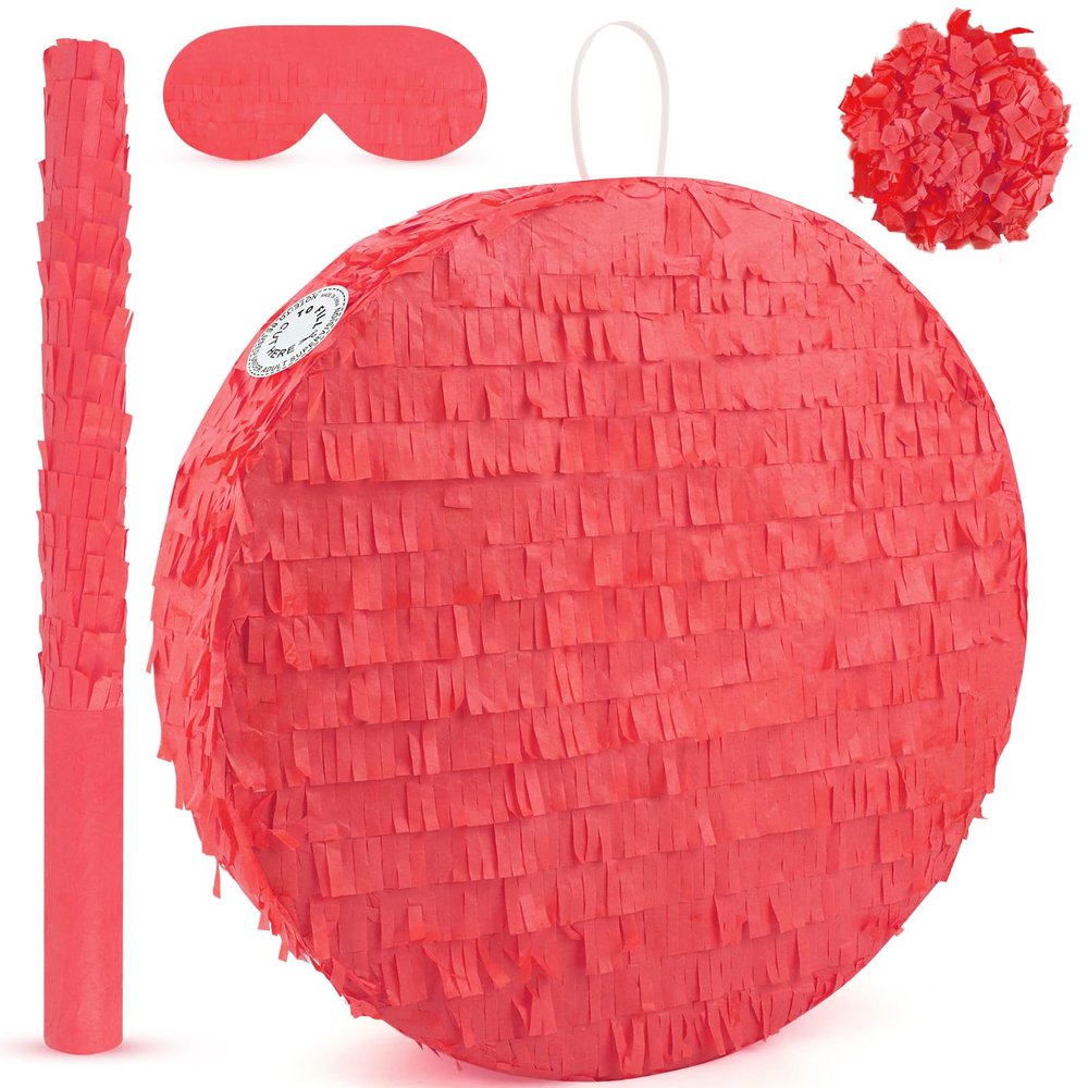 Adecortalk Red Round Blank Pinata Circle Folding Pinata with Bat Stick Blindfold Confetti for Kids Birthday Wedding Celebration Baby Shower Carnival Party Supplies,13 x 13 x 3.15 Inches