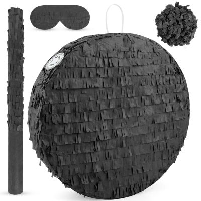 Adecortalk Black Round Blank Pinata Circle Folding Pinata with Bat Stick Blindfold Confetti for Kids Birthday Wedding Celebration Baby Shower Carnival Party Supplies,13 x 13 x 3.15 Inches