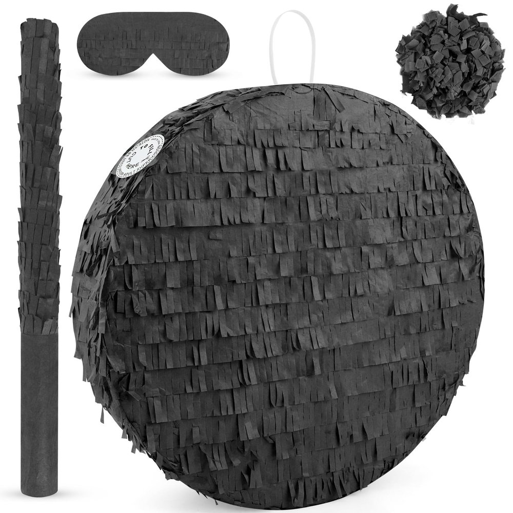 Adecortalk Black Round Blank Pinata Circle Folding Pinata with Bat Stick Blindfold Confetti for Kids Birthday Wedding Celebration Baby Shower Carnival Party Supplies,13 x 13 x 3.15 Inches