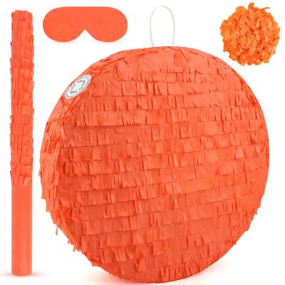 Adecortalk Orange Round Blank Pinata Circle Folding Pinata with Bat Stick Blindfold Confetti for Kids Birthday Wedding Celebration Baby Shower Carnival Party Supplies,13 x 13 x 3.15 Inches