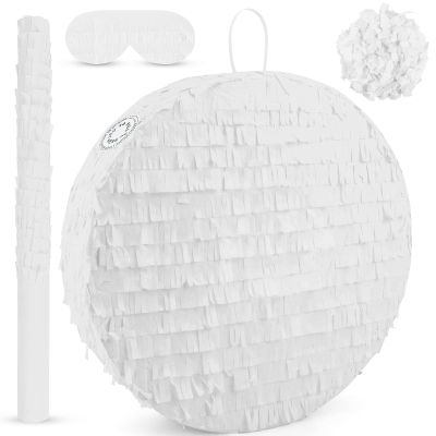 Adecortalk White Round Blank Pinata Circle Folding Pinata with Bat Stick Blindfold Mask Confetti for Kids Birthday Wedding Celebration Baby Shower Carnival Party Supplies,13 x 13 x 3.15 Inches