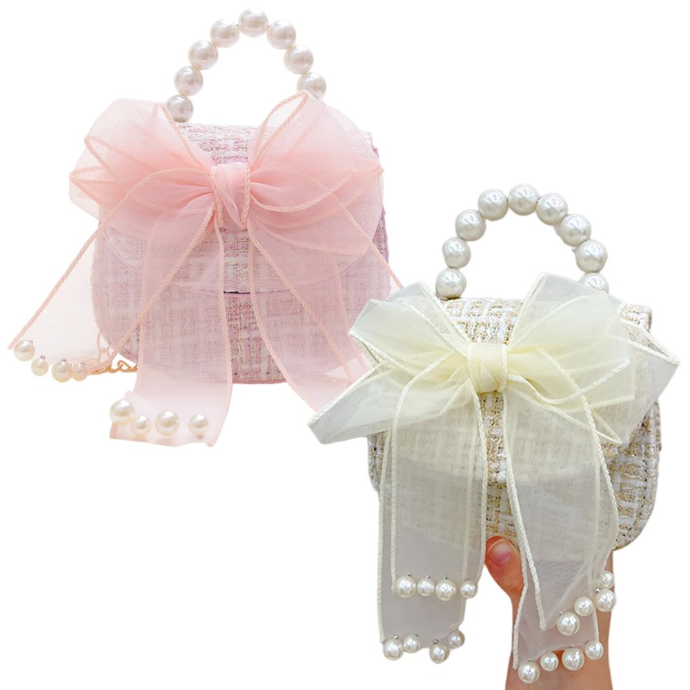 Heidouse 2Pcs Kids Purse with Bowknot, 5x5x2 Girls Purse with Pearl Handle for Little Girls, Cute Fashion Princess Handbags, Detachable Gold Chain, ' Handbags