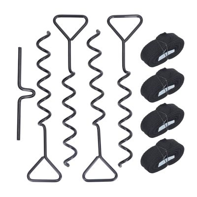 4 Pack Heavy Duty Steel Spiral Ground Anchor Kit for Trampoline Tent Shed Swing Secure Outdoor Equipment with Straps and Rotating Tool (Black)