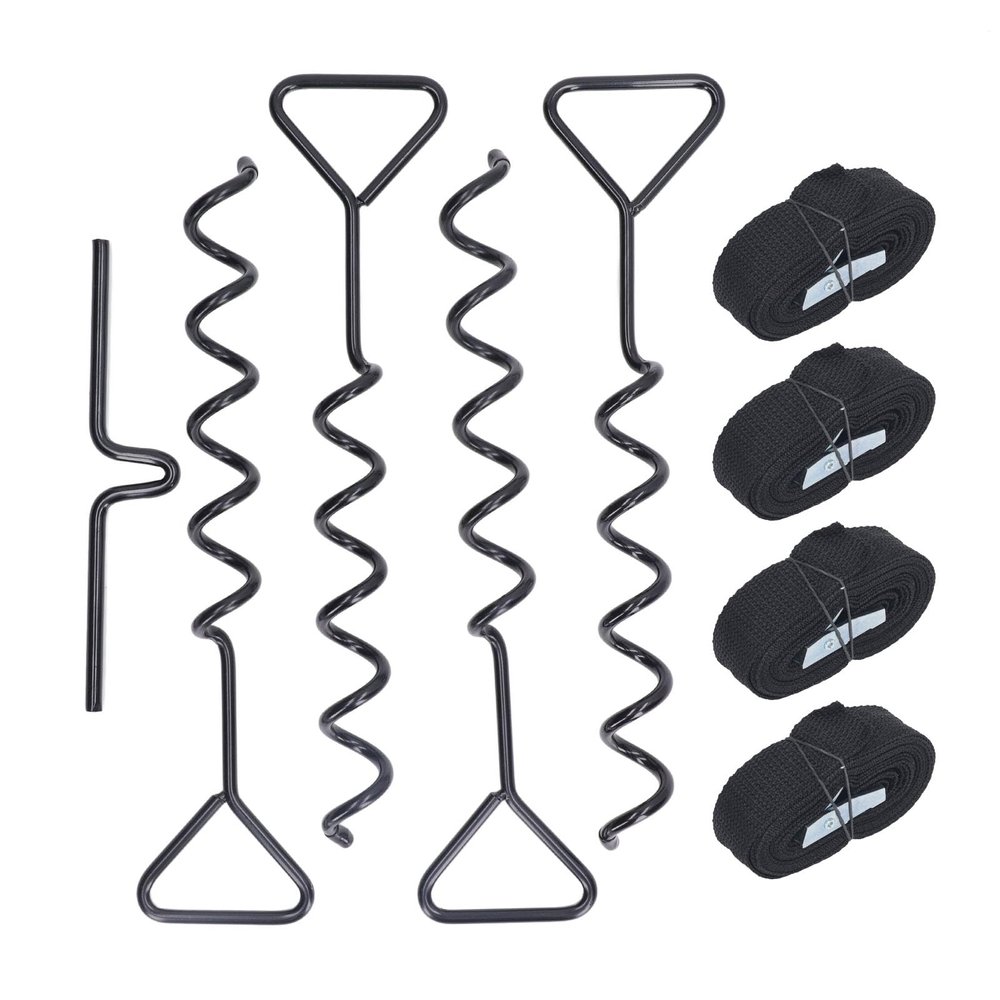 4 Pack Heavy Duty Steel Spiral Ground Anchor Kit for Trampoline Tent Shed Swing Secure Outdoor Equipment with Straps and Rotating Tool (Black)
