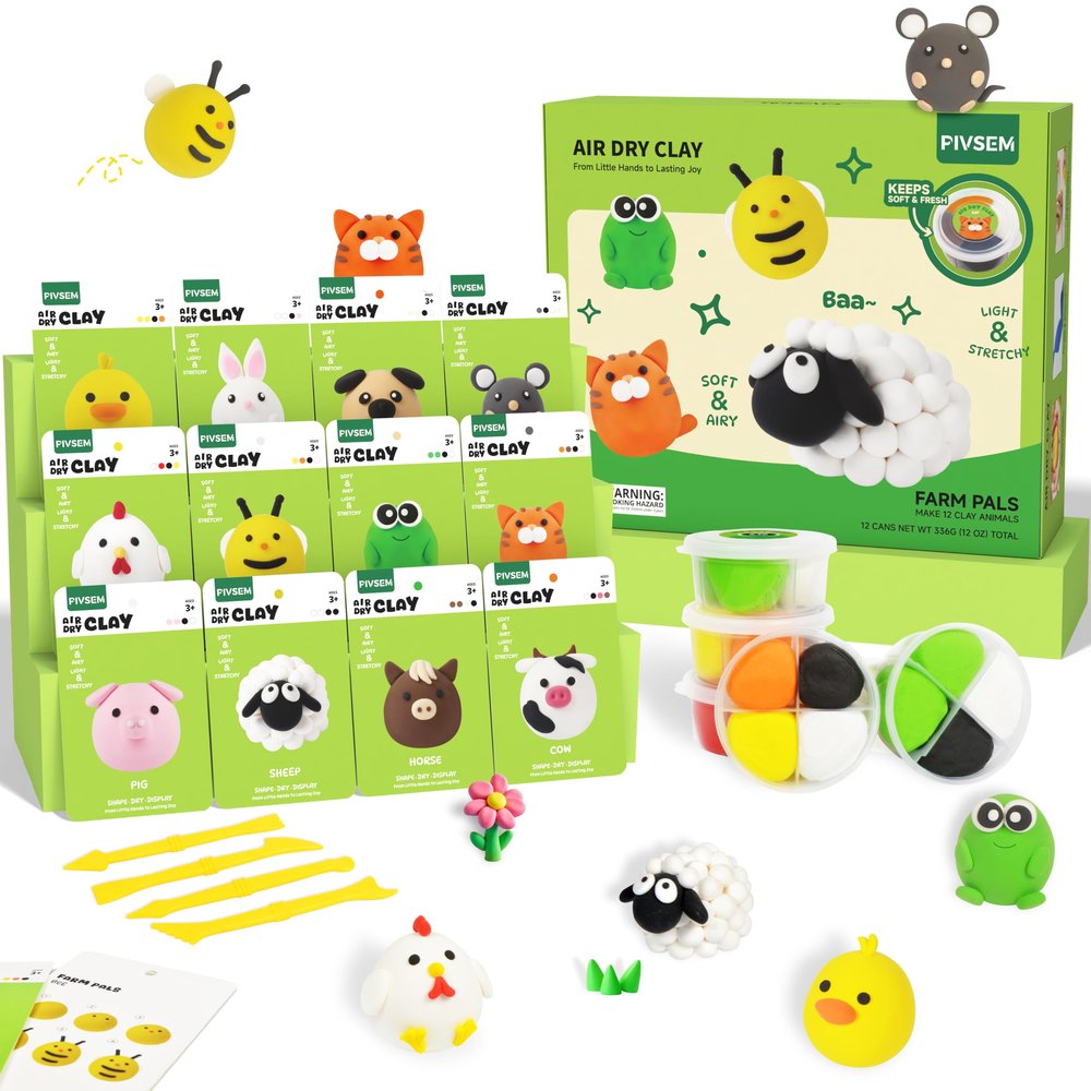 Air Dry Clay for Kids, Air Dry Clay Kit 12 Cans with Sculpting Tools and Tutorials, Soft, Safe and Non-Toxic Modeling Clay for Kids, Magic Molding Clay Set for Boys & Girls Crafts
