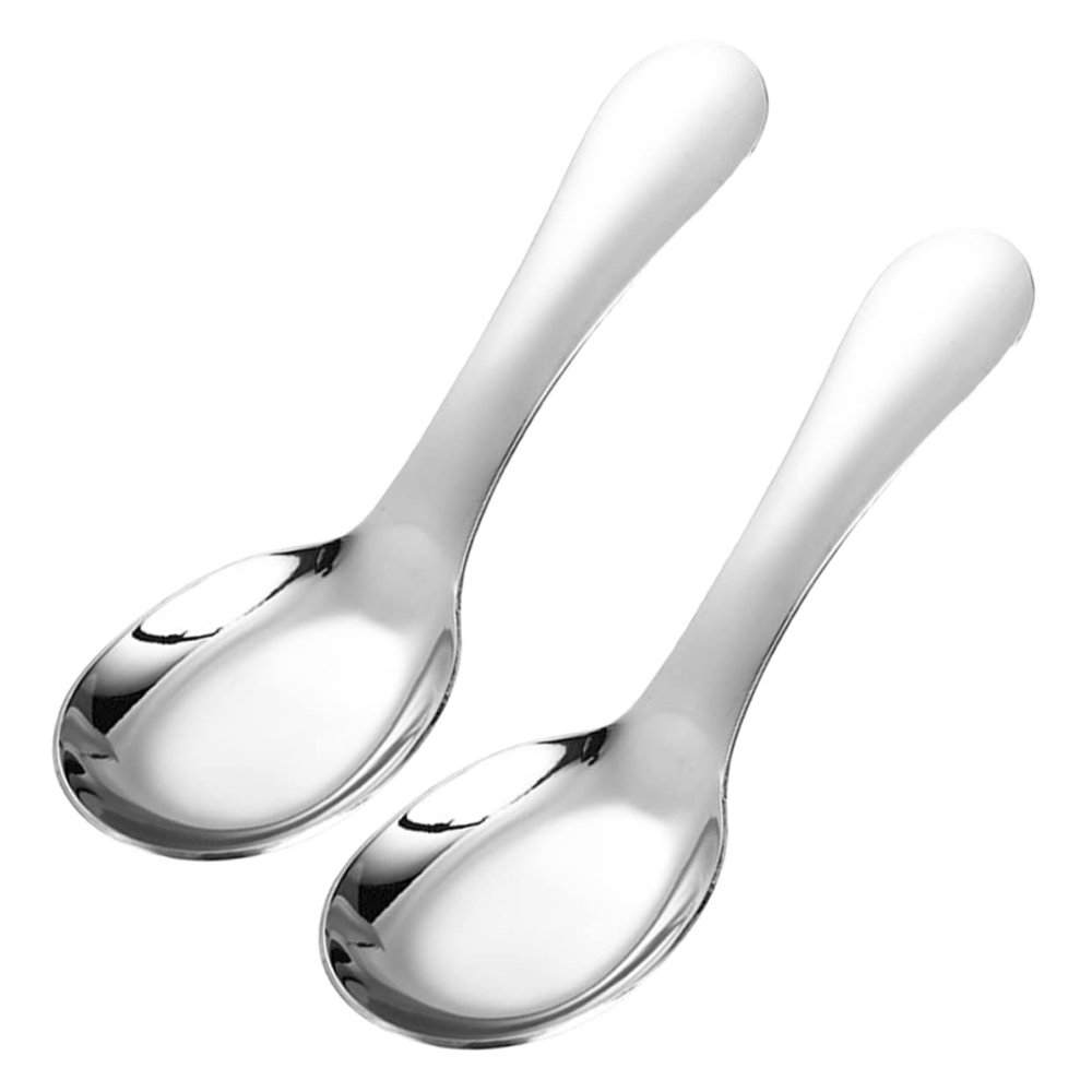 2Pcs Stainless Steel Kids Spoons Short Handle Metal Utensils for Cooking Soup and Porridge Dishwasher Safe Portable Silverware for Children