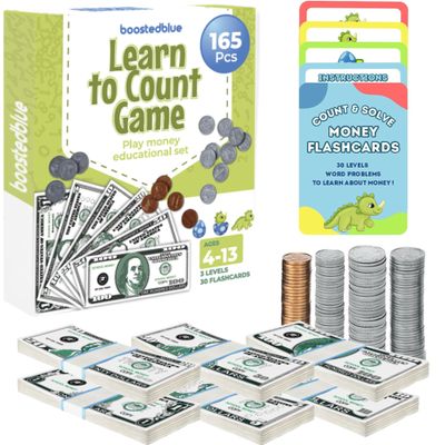 BOOSTEDBLUE Learn to Count Educational Play Money Game | 165 Piece Classroom Set | Ages 4+ | Paper Bills & Plastic Coins | Toy Money & Banking Play Set for Kids