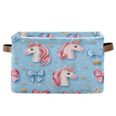 Dussdil Cute Color Bows Unicorns (6) Storage Basket Fabric Kitchen Baskets Storage Bins Boxes Foldable Cloth Organizer Bags for Kids Toys Books Shelf Closet Playroom Laundry Baskets 1 PCS