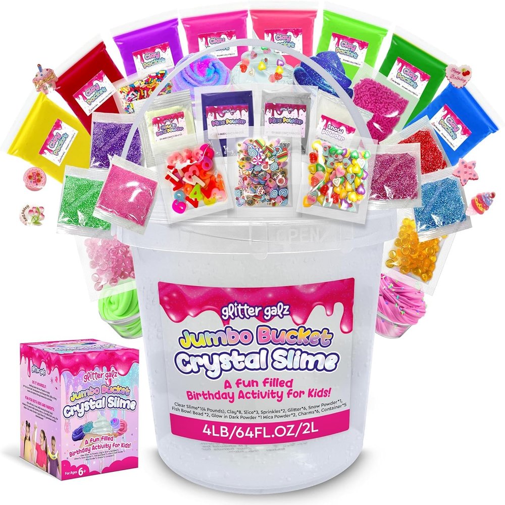 4 LB Huge Glassy Clear Bulk Slime Bucket Toy for Kids Jumbo 64 FL OZ Premade Crystal Slime Pack with 39 Add-Ins Sensory Toy Bulk Slime Kit for Girls Boys Teens Birthday Party Present