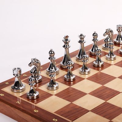 15-Inch Folding Chess Set, Wooden Board with Metal PiecesMetal Bronze Chess Pieces, Travel Board Game with Extra 2 Queens (Gold and Silver)