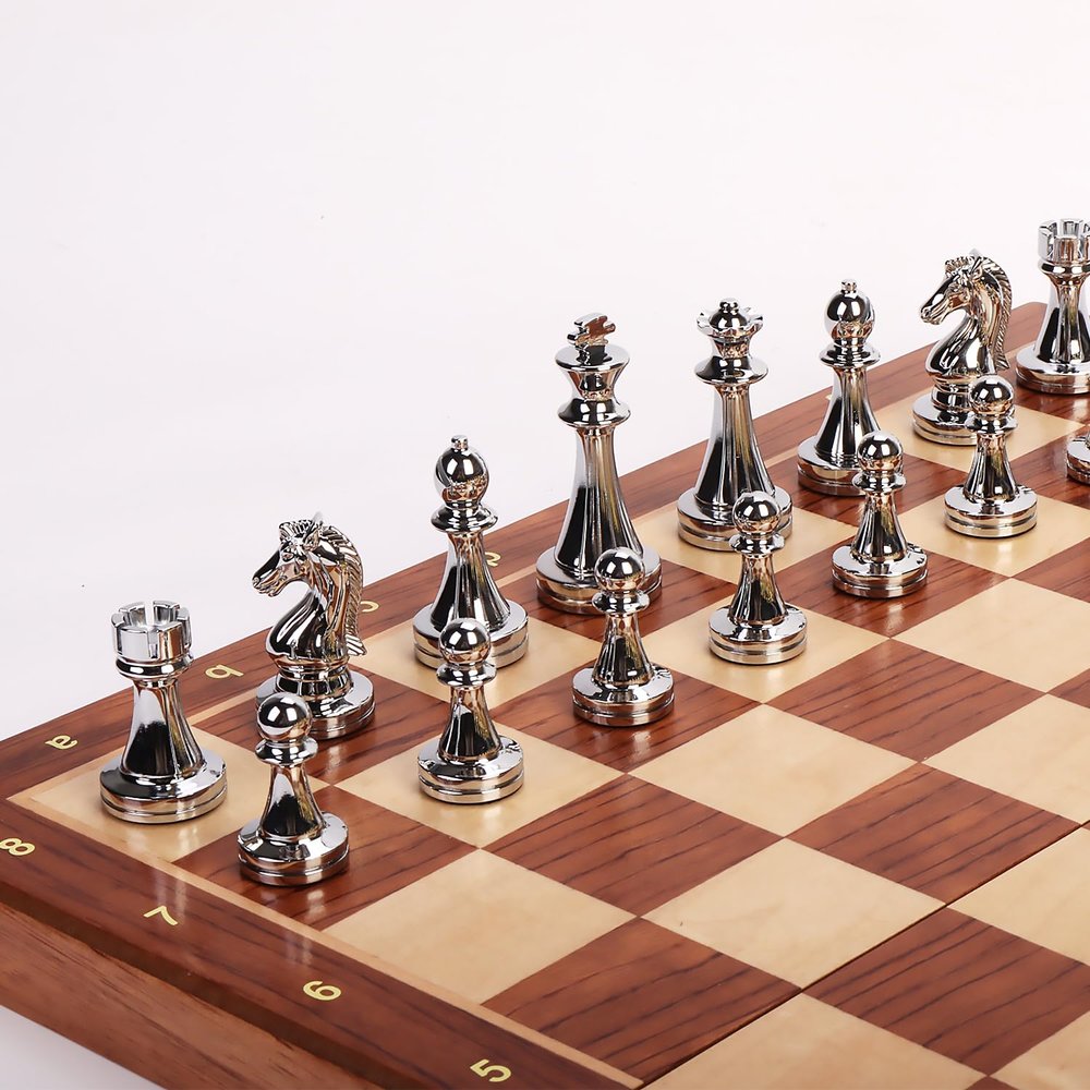 15-Inch Folding Chess Set, Wooden Board with Metal PiecesMetal Bronze Chess Pieces, Travel Board Game with Extra 2 Queens (Gold and Silver)