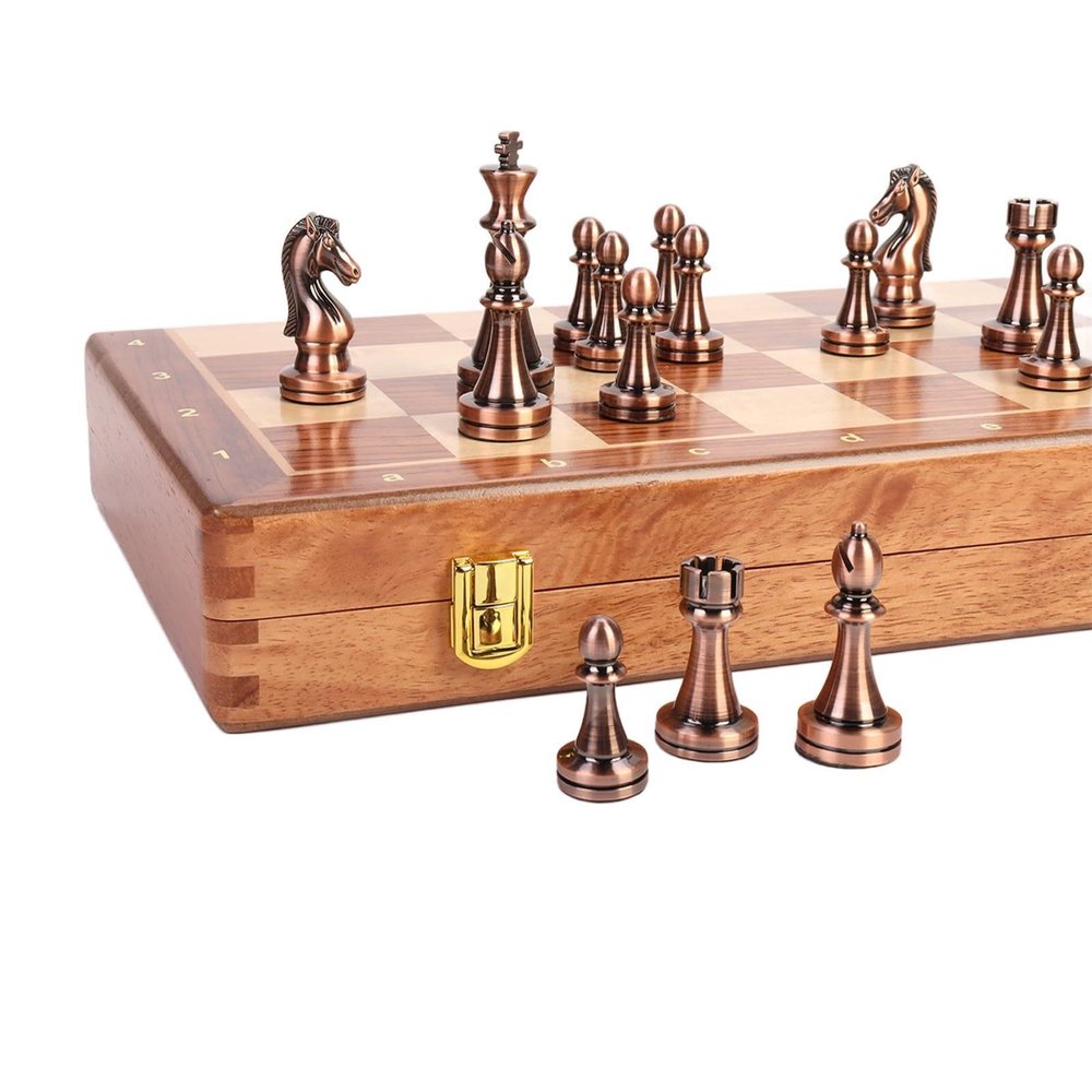 15-Inch Folding Chess Set, Wooden Board with Metal PiecesMetal Bronze Chess Pieces, Travel Board Game with Extra 2 Queens (Bronze Color)