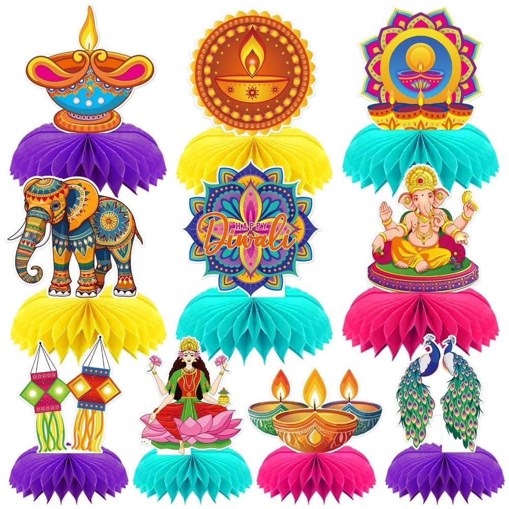 10 Pcs Diwali Party Decorations Indian Diwali Honeycomb Centerpieces Diwali Table Decorations for Happy Diwali Deepavali Home Party Decor