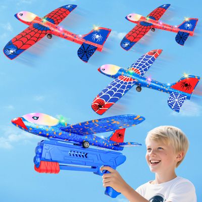 HitToys Airplane Launcher Toy for Kids, 3 Pack Spider Foam Gliders Air Planes with Led, 2 Flight Modes 3 4 5 6 7 Year Old Boys Girls Outdoor Flying Toys Outside Sport Games Birthday