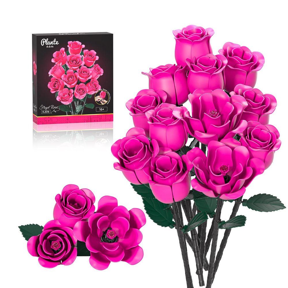 12 Pink Rose Bouquet Building Set with Heart-Shaped Gift Box Base, 528PCS Gothic Romantic Roses Artificial Flower Building Blocks, Gift for Christmas,Valentines Day, Anniversary for Wife Women Girls