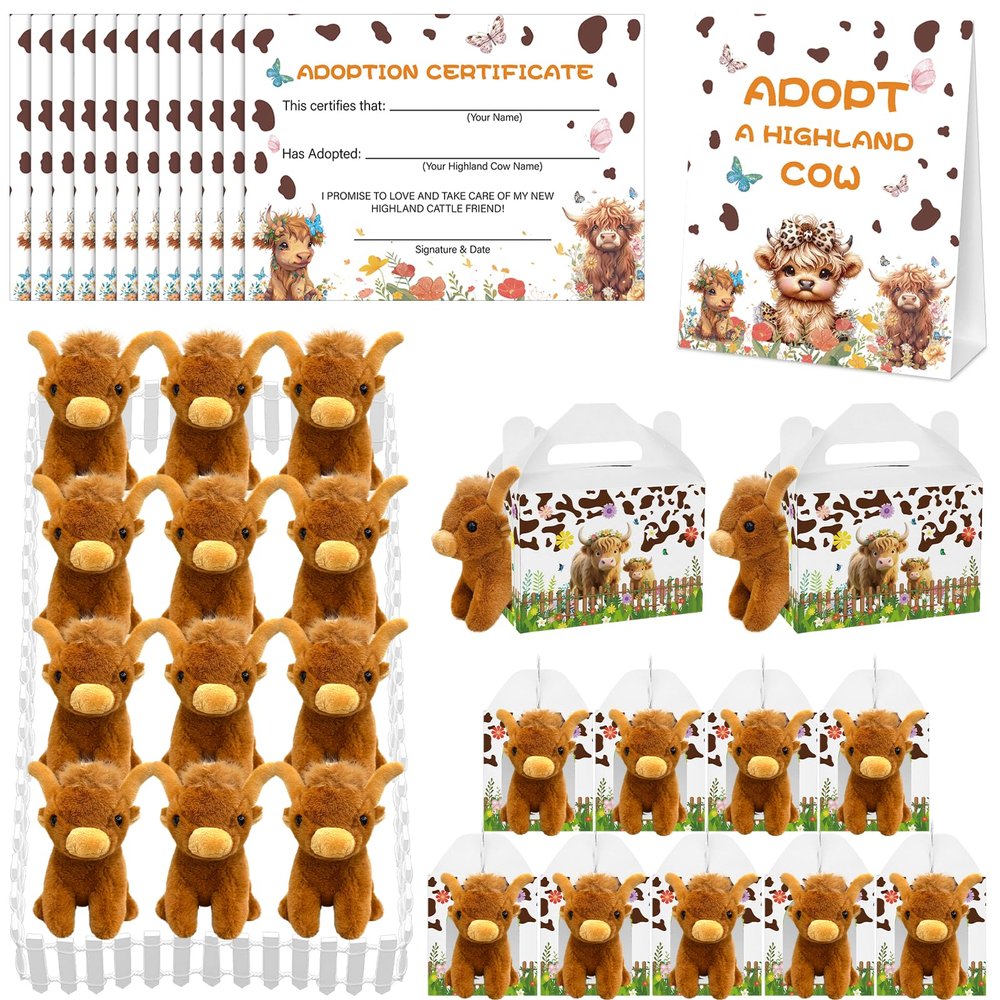 38 Pcs Adopt a Highland Cow Plush Party Favors Include 12 Highland Cows Stuffed Animal 12 Adoption Card 12 Cattle Theme Boxes 1 Adoption Sign 1 Fence for Birthday Party Favors Stress Relief Gifts