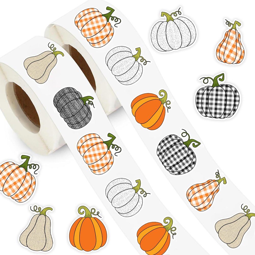 1000Pcs Fall Pumpkin Stickers Roll - Thanksgiving Harvest Decals, Buffalo Plaid Pumpkin Patterns, Waterproof Self-Adhesive Autumn Stickers for Adults, Party Supplies (8 Designs)