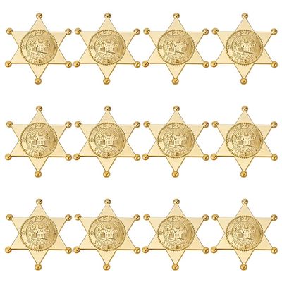 MAYJOYDIY 12Pcs Golden Sheriff Badges Western Cop Star Deputy Plastic Badge Old West Prop Cowboy Party Decoration for Cosplay Party Costume Play Props School Carnival Prizes Bag Gift