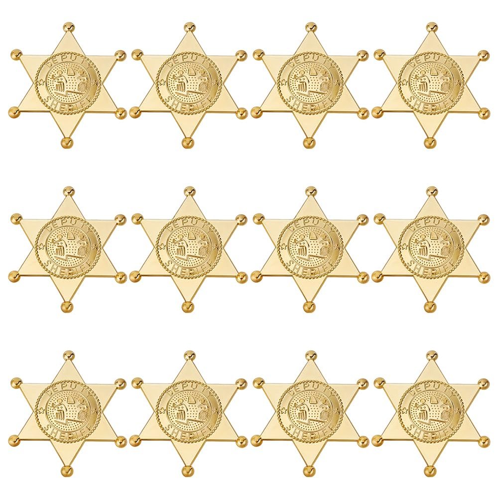 MAYJOYDIY 12Pcs Golden Sheriff Badges Western Cop Star Deputy Plastic Badge Old West Prop Cowboy Party Decoration for Cosplay Party Costume Play Props School Carnival Prizes Bag Gift