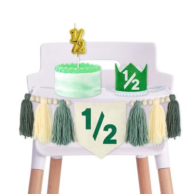 1/2 Birthday Boy Half Birthday Decorations High Chair Banner, 6 Month Tassel Wood Bead Highchair Garland Green(1/2GREEN)