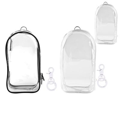 2pcs Display Bag for Dolls, 7.68x4.13 Inch PVC Mini Waterproof Clear Figure Zipper Pouch with Pompoms & Keychain Carrying Small Transparent Protective Case Charm for Doll Collectibles (Black & White)