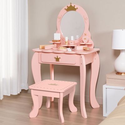 Little Girl Makeup Table with Mirror and Chair,Kids Vanity Table&Chair Set with Storage Drawer,Toddlers Pretend Play Vanity with 9pcs Multiple Make up Accessories, Princess Vanity Desk for 3+ (Pink)