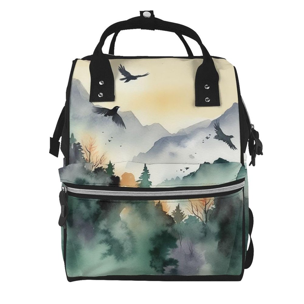 LHDGBNV Mountain Birds Watercolor Diaper Bag Backpack Baby Essentials Diapers Bag,Waterproof Mummy Backpack Multipurpose Stylish Large Capacity Travel Backpack For Baby Girl/Boy