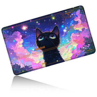 24" x 14" Zoned TCG Playmat, Commander MTG Game Mat, Blue Starry Black Cat