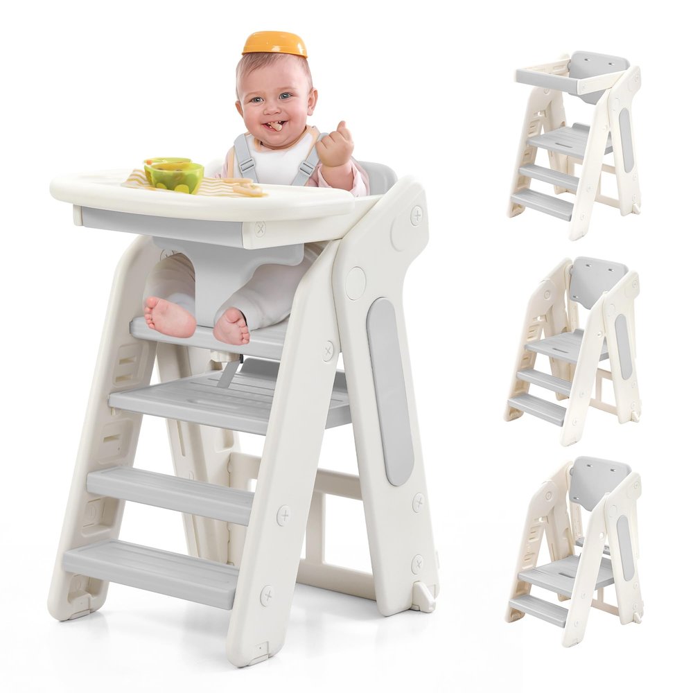 4-in-1 Convertible Toddler Step Stool, Adjustable Height Toddler Tower, Foldable Standing Tower with Safety Fence & Removable Dining Tray, Kids Step Stool for Kitchen Counter Bathroom Sink (Grey)