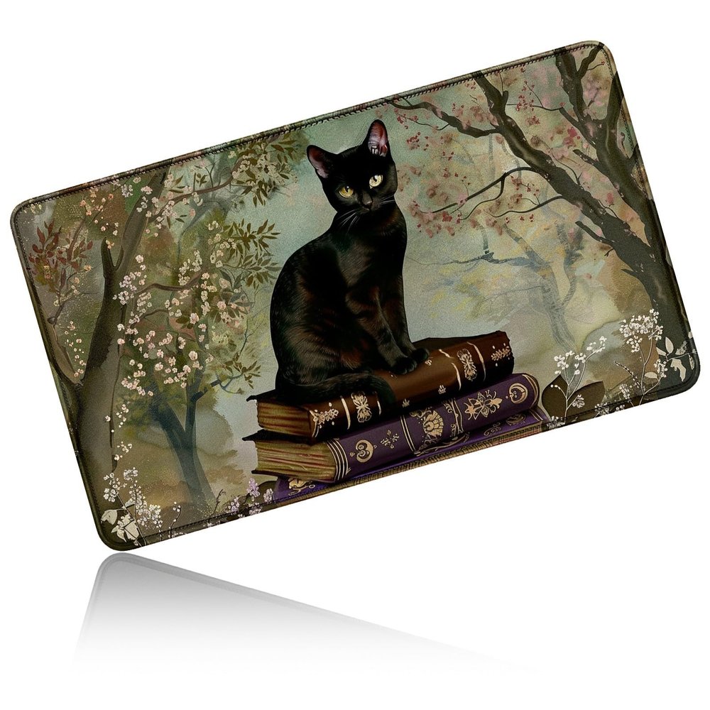 24" x 14" Zoned TCG Playmat, Non Slip Rubber MTG Game Mat, Book Cat Gray