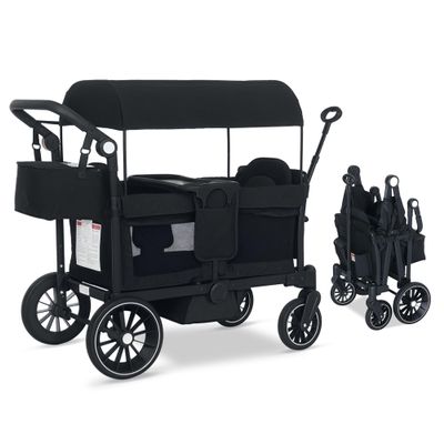 TODEFULL Stroller Wagon for 2 Kids, Push & Pull Kids Cart with Safety Harnesses, Foldable All-Terrain Stroller with Adjustable Handle, Removable Canopy, Snack Tray, Large Storage Bag, Black