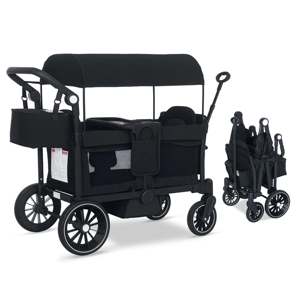 TODEFULL Stroller Wagon for 2 Kids, Push & Pull Kids Cart with Safety Harnesses, Foldable All-Terrain Stroller with Adjustable Handle, Removable Canopy, Snack Tray, Large Storage Bag, Black