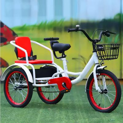 JIYIAN Red,18 inches,Kids Classic Tricycle with Passenger Seat Adjustable Dual Ride Toddler Bike for 2-12 Years, Extra Wide Rear Seat, Front/Rear Storage Baskets, Anti-Slip Wheels, Sealed Bearings