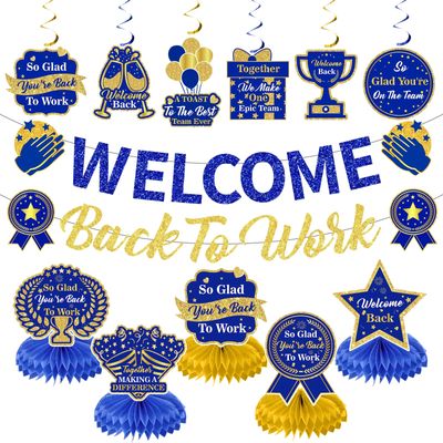 12pcs Welcome Back to Work Decorations Office Blue Gold So Glad You're Back To Work Banner and Hanging Swirls Table Centerpieces Office Party Supplies for Indoors Outdoors